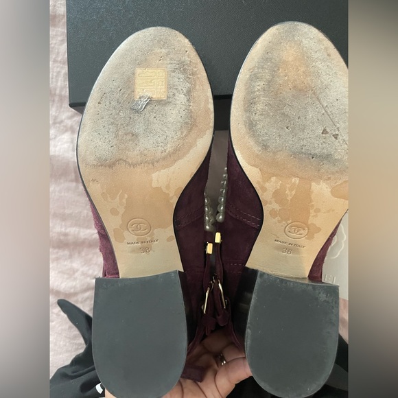 Chanel Burgundy Chest Velvet Cap Toe Pearl Chain Ankle Boots/Booties - Picture 5 of 11